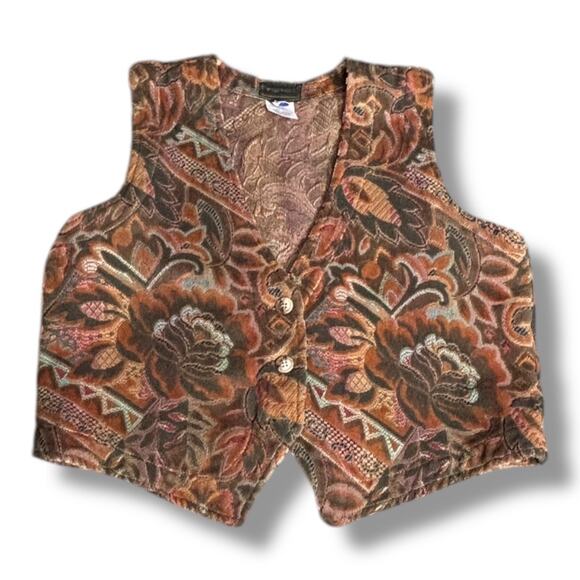 Vintage 90s Willowbend Floral Tapestry Vest Brown Rust Green Western Medium - Picture 9 of 9